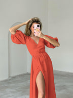 Damen Maxikleid mit eleganten Puffärmeln R&B
