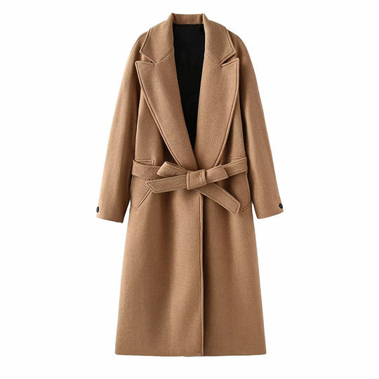 Damen modischer Oversized-Mantel mit Gürtel und Taschen R&B