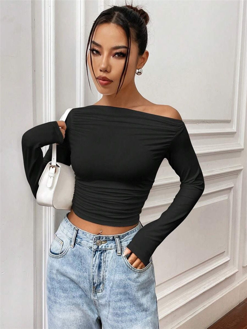 Damen Elegantes Off-Shoulder Langarmtop mit figurbetontem Schnitt