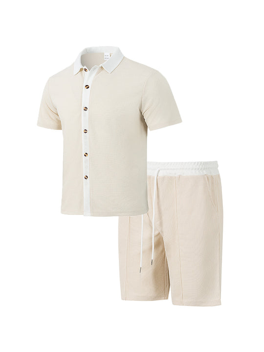 Herren nan modernes Freizeit-Set aus feinem Strukturjersey mit Hemdkragen-Knopfleiste und Kordel-Shorts R&B