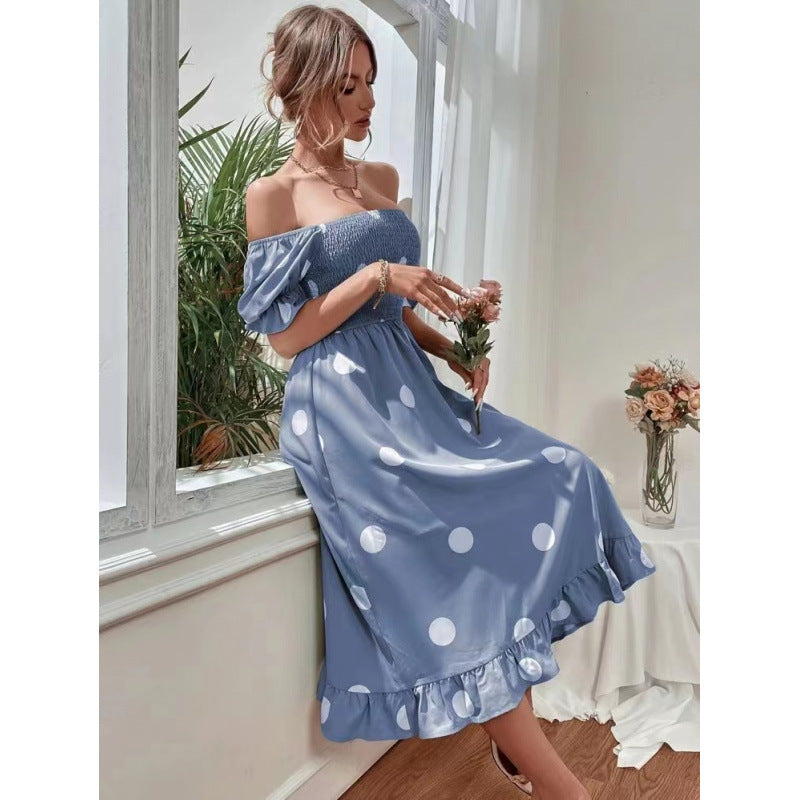 Damen Off-Shoulder Midi-Kleid mit Rüschensaum und Punkte-Design R&B