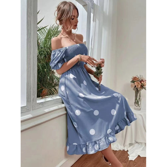 Damen Off-Shoulder Midi-Kleid mit Rüschensaum und Punkte-Design R&B