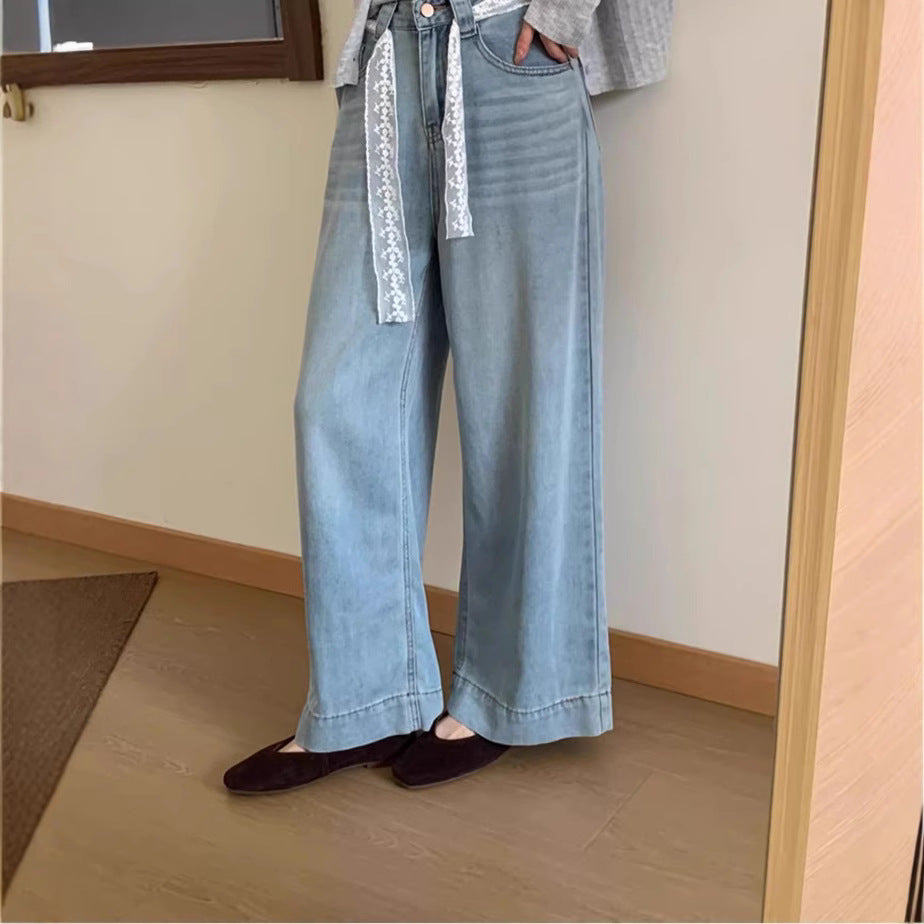 Damen Weite High-Waist Jeans mit dekorativem Kordelzug R&B