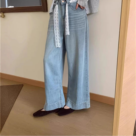 Damen Weite High-Waist Jeans mit dekorativem Kordelzug R&B