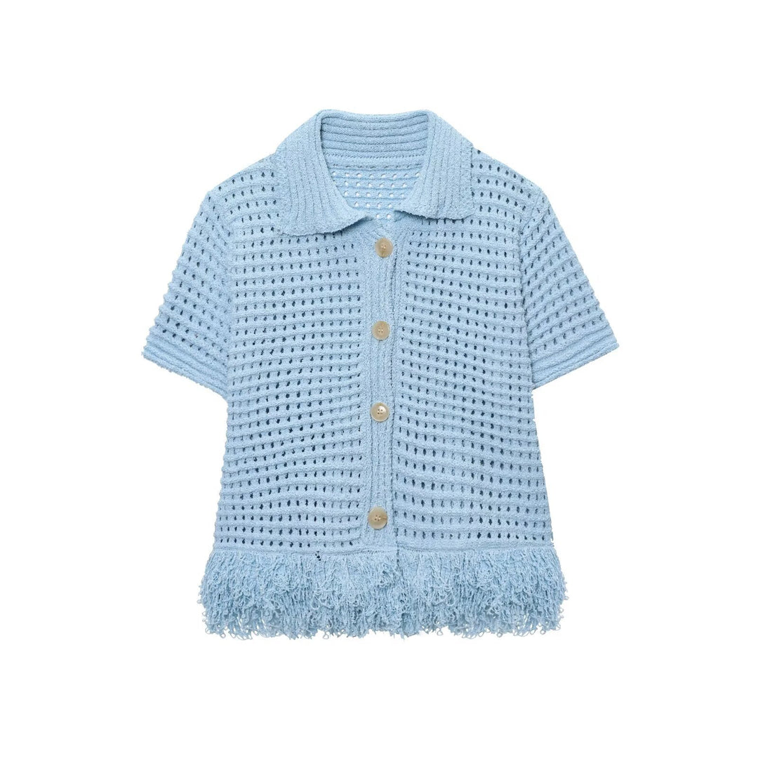 Damen Kurzarm-Strickjacke mit fransigem Saum und dekorativen Knöpfen R&B