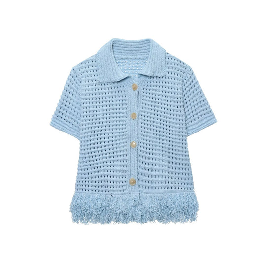 Damen Kurzarm-Strickjacke mit fransigem Saum und dekorativen Knöpfen R&B
