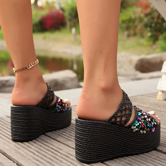 Damen Wedge-Pantoletten mit glitzernden Pailletten und raffiniertem Obermaterial R&B