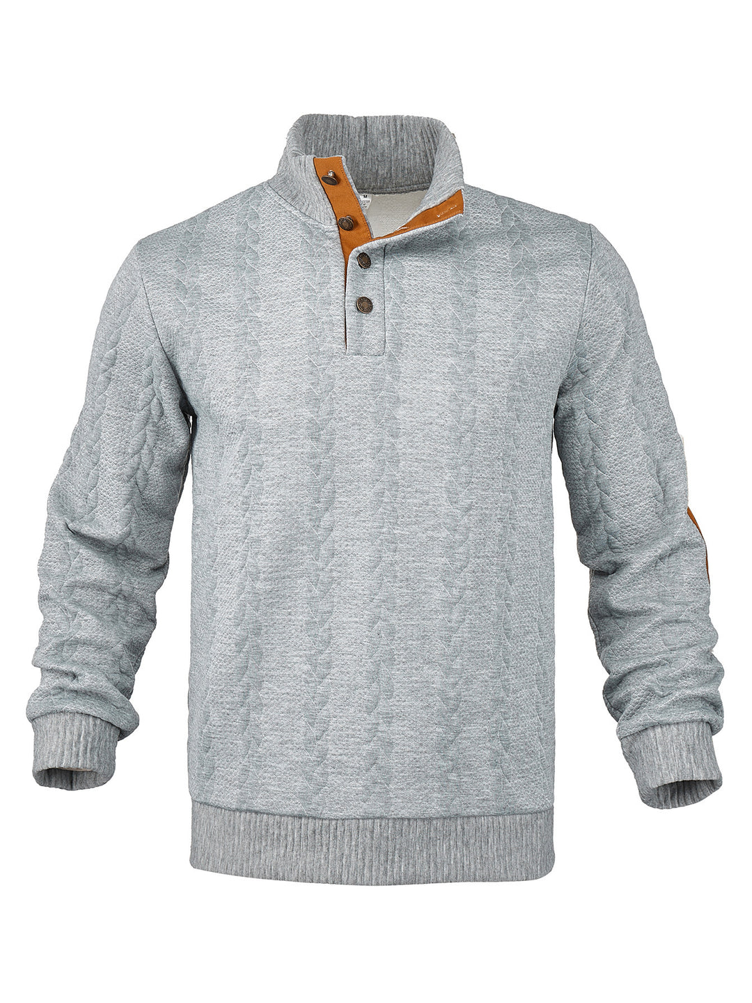 Herren nan Zopfmuster-Halbknopf-Pullover mit hohem Stehkragen und Wildleder-Ellbogenpatches R&B