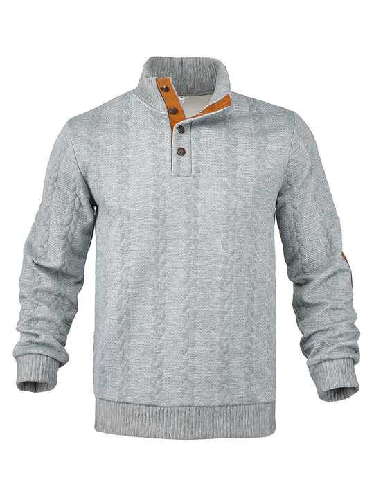 Herren nan Zopfmuster-Halbknopf-Pullover mit hohem Stehkragen und Wildleder-Ellbogenpatches R&B