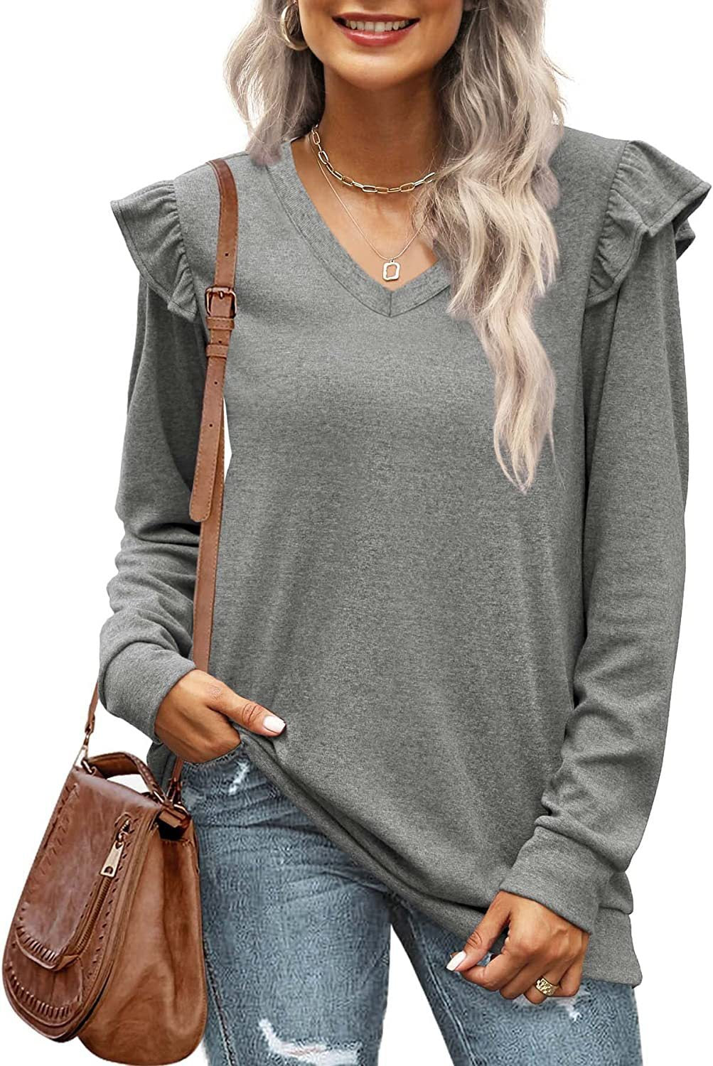 Damen V-Ausschnitt Langarmshirt mit Rüschendetails und lockerem Schnitt R&B