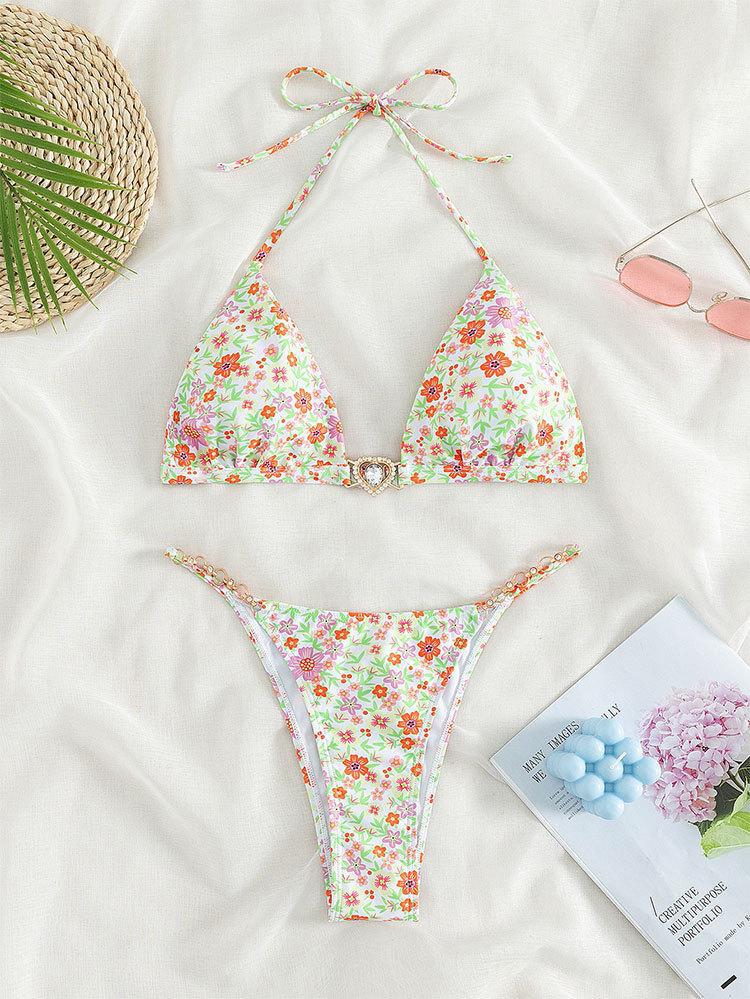 Damen Triangel-Bikini mit dekorativen Kettendetails und floralen Akzenten R&B