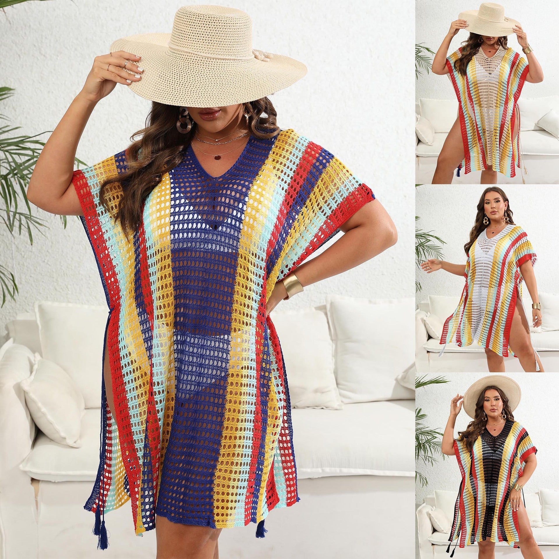 Damen luftiger Häkel-Strandponcho mit modischen Fransen R&B