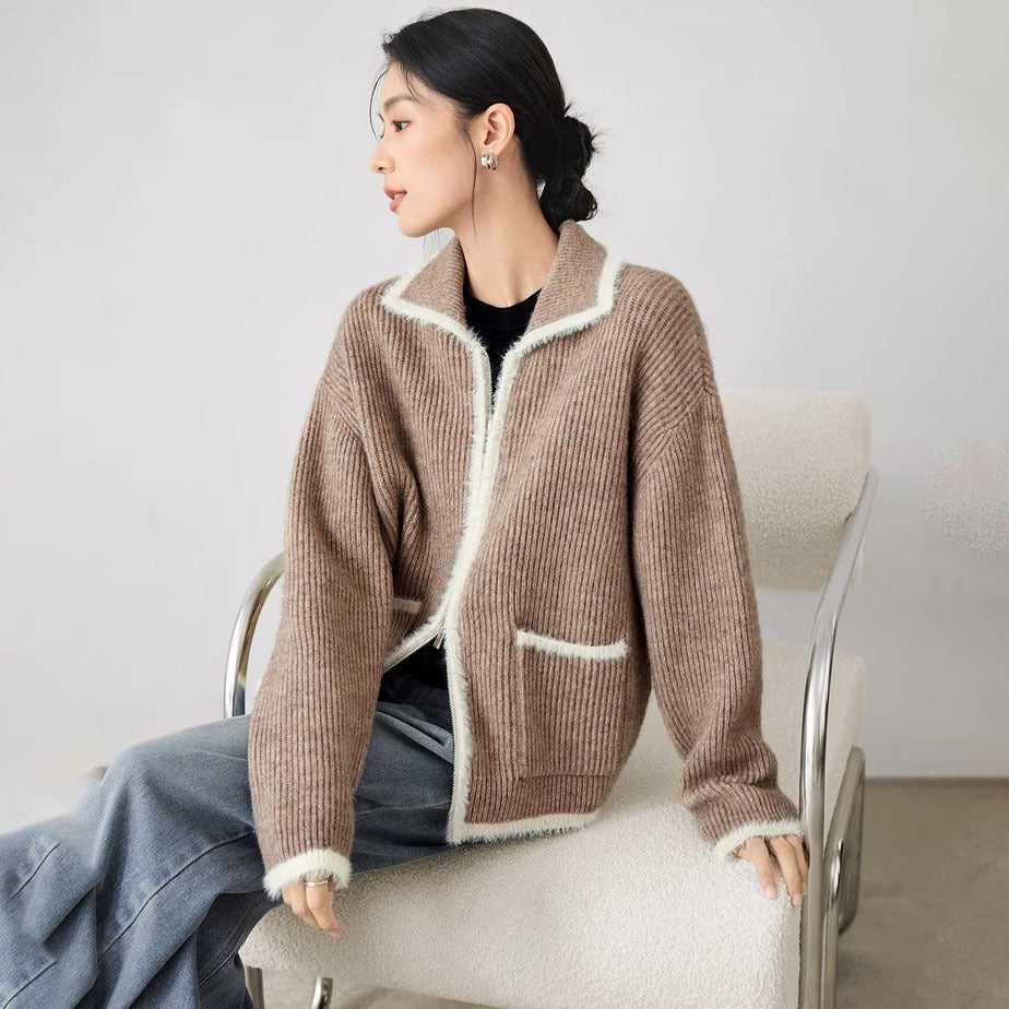 Damen Flauschiger Strickcardigan mit praktischen Taschen und hohem Kragen R&B