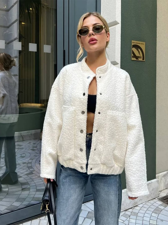 Damen Oversized Fleecejacke mit Druckknöpfen und praktischen Taschen R&B