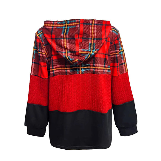 Damen nan lange Kapuzenjacke im Patchwork-Stil mit Karo‑ und Strickeinsätzen, Frontreißverschluss und Eingrifftaschen R&B