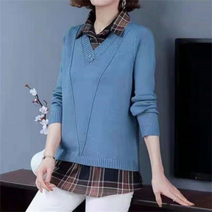 Damen Layered Strickpullover mit V-Ausschnitt und trendy Hemdbluse R&B