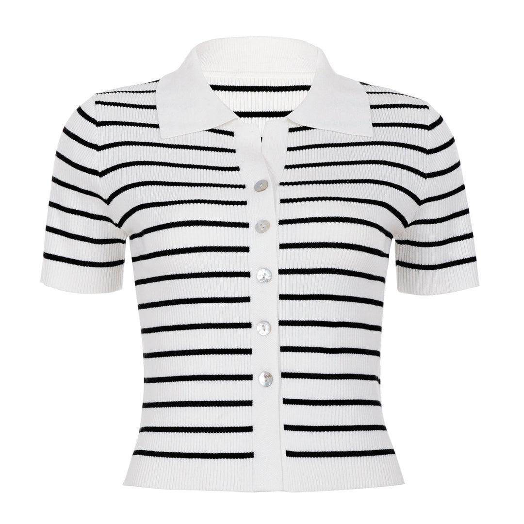 Damen Kurzarmshirt mit klassischem Polokragen und gestreiftem Design R&B