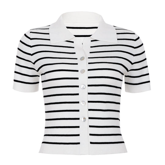 Damen Kurzarmshirt mit klassischem Polokragen und gestreiftem Design R&B