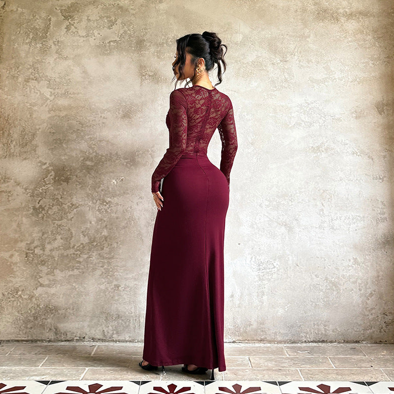 Damen Elegantes Langarm-Spitzenkleid mit tailliertem Design R&B
