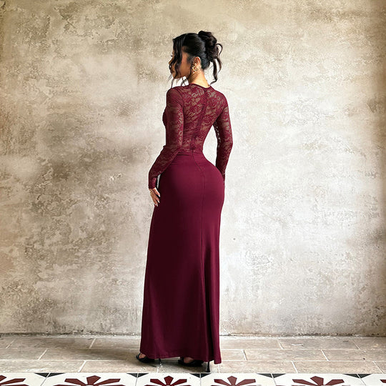 Damen Elegantes Langarm-Spitzenkleid mit tailliertem Design R&B
