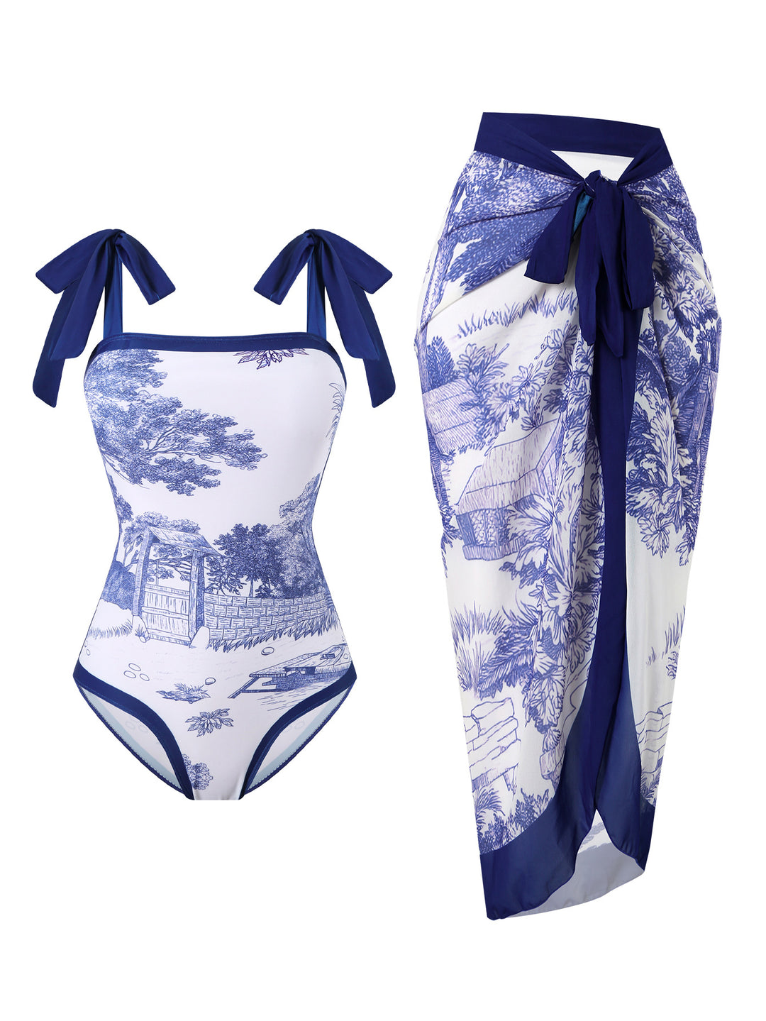 Damen Badeanzug mit floralem Design und transparentem Wickelrock R&B