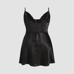 Damen elegantes Satin-Kleid mit verstellbaren Trägern und Taillenband R&B