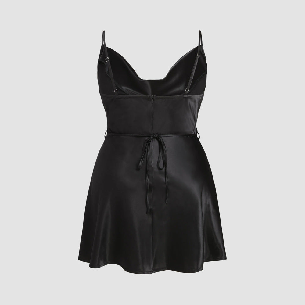 Damen elegantes Satin-Kleid mit verstellbaren Trägern und Taillenband R&B