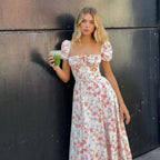 Damen Sommerliches Blumenkleid mit hochgeschlossenem Ausschnitt und Puffärmeln R&B