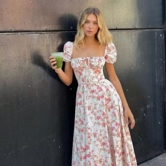 Damen Sommerliches Blumenkleid mit hochgeschlossenem Ausschnitt und Puffärmeln R&B