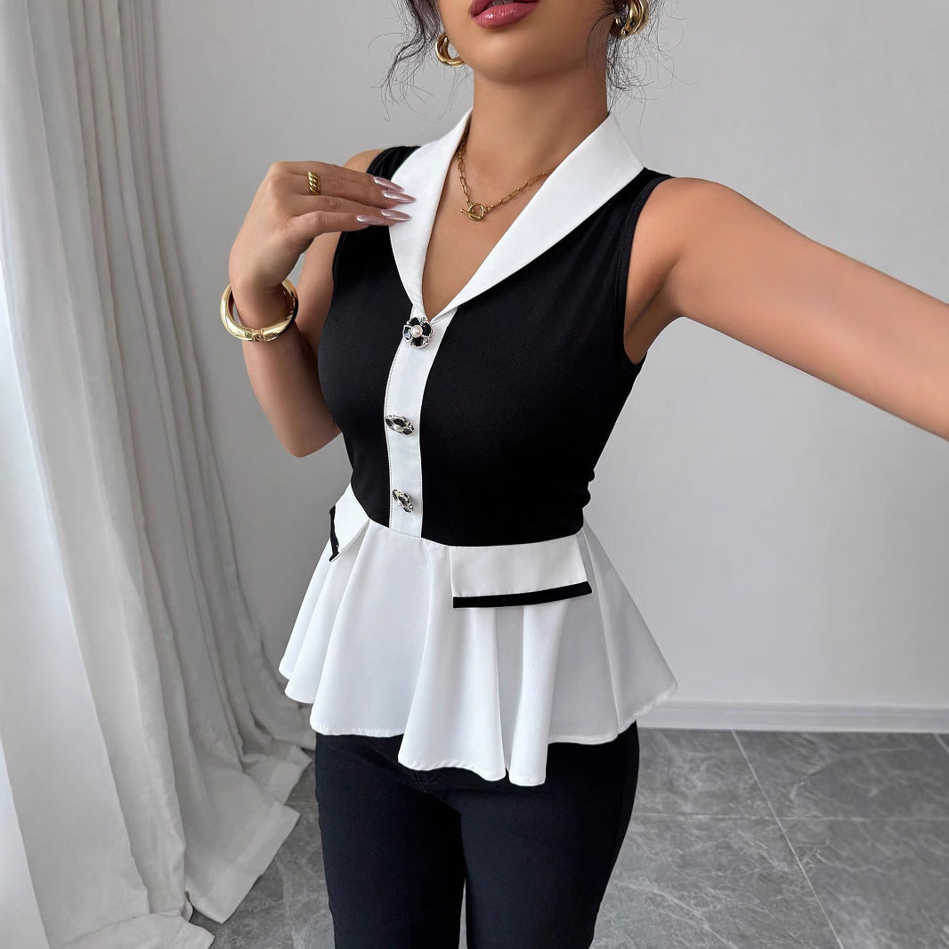 Damen Elegantes Peplum-Oberteil mit Kragen und Knopfdetaillierung R&B