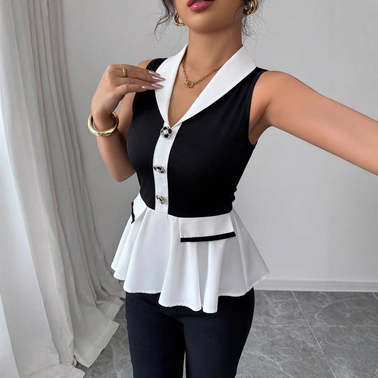 Damen Elegantes Peplum-Oberteil mit Kragen und Knopfdetaillierung R&B