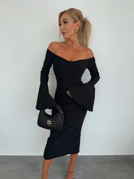 Damen Figurbetontes Wickelkleid mit schulterfreiem Design und weit geschnittenen Ärmeln R&B