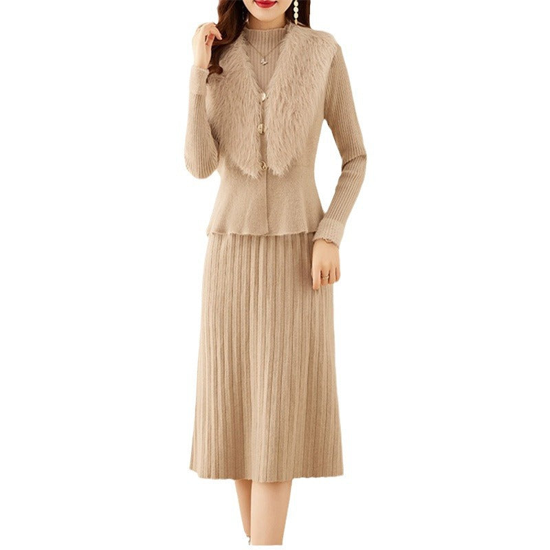 Damen elegantes Strickset mit hochwertigem Fellkragen und modischer Rippstruktur R&B