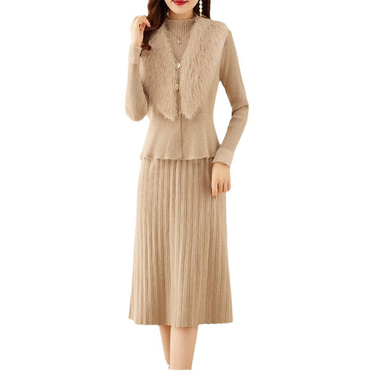 Damen elegantes Strickset mit hochwertigem Fellkragen und modischer Rippstruktur R&B