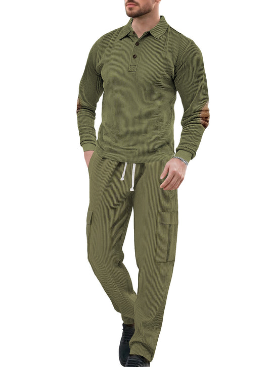 Herren nan geripptes Lounge-Set mit Polokragen Ellenbogenpatches und Cargohose R&B
