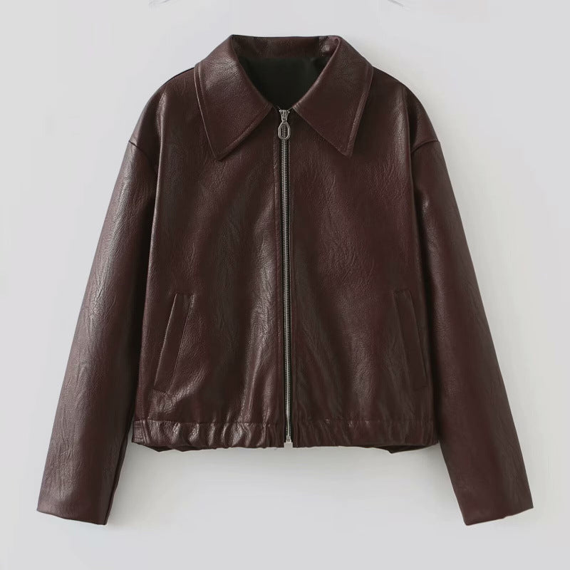 Damen modische Kunstlederjacke mit schlichter Eleganz und praktischen Taschen R&B