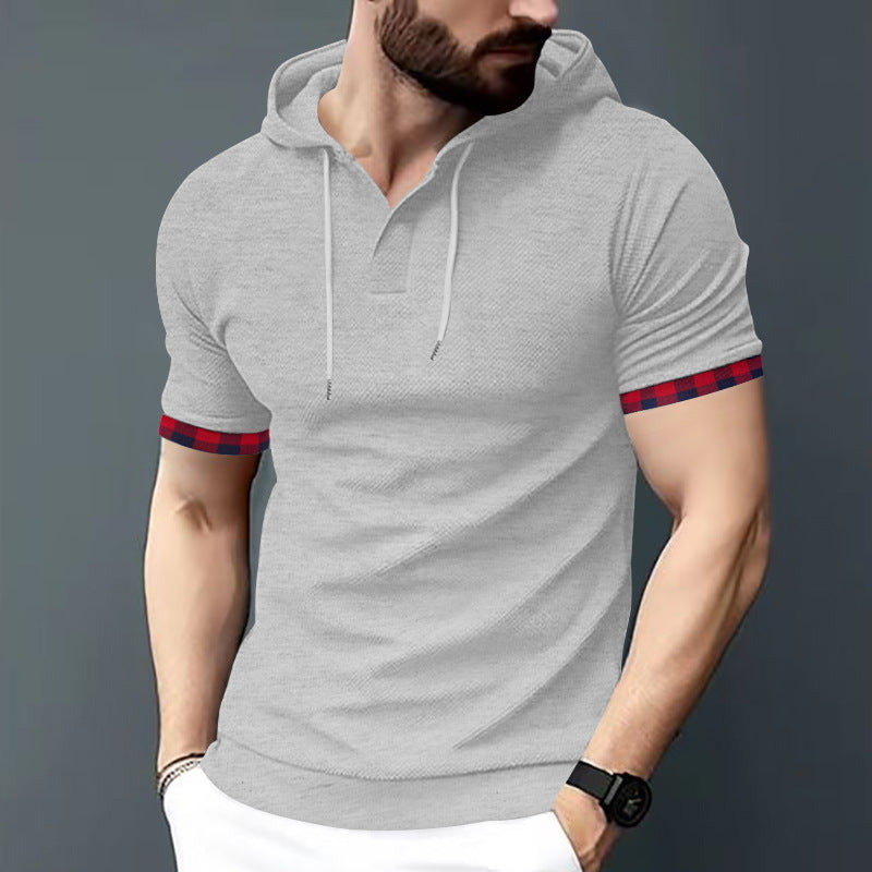 Herren nan figurbetontes Kurzarm-Kapuzenpoloshirt mit Henley-Blende und Kordelzug R&B