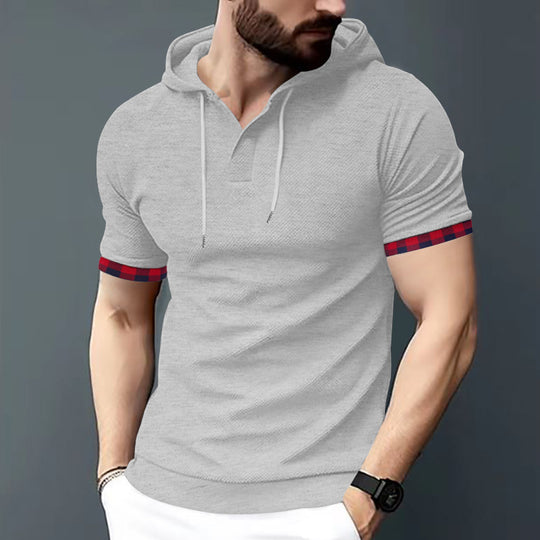 Herren nan figurbetontes Kurzarm-Kapuzenpoloshirt mit Henley-Blende und Kordelzug R&B
