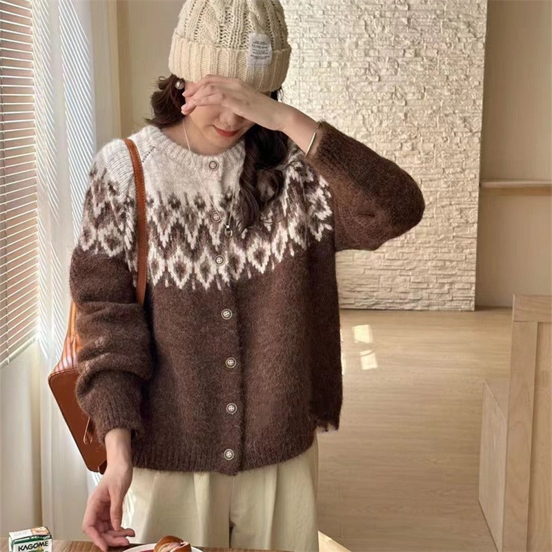 Damen Grobstrick Cardigan mit geometrischem Fair-Isle-Muster und eleganter Knopfleiste R&B