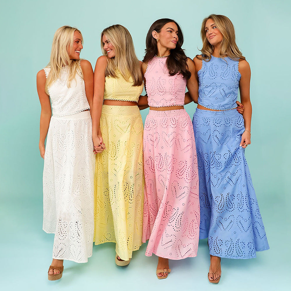 Damen Elegantes Zweiteiliges Kleidungsset mit Lochmuster R&B