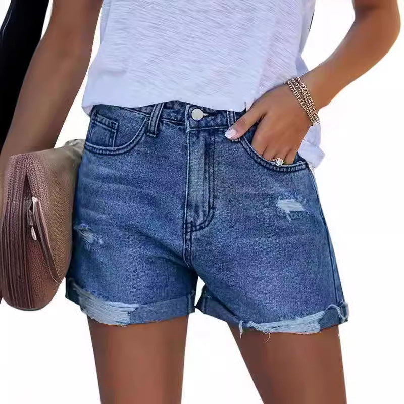 Damen Sommerliche Destroyed Jeansshorts mit umgeschlagenem Saum R&B