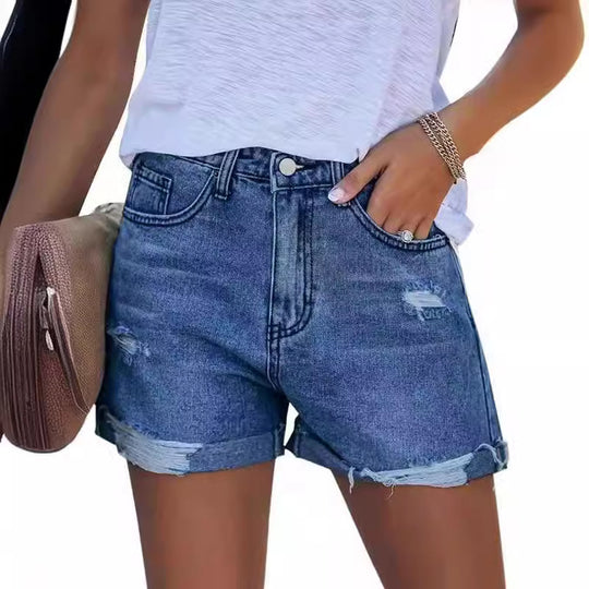 Damen Sommerliche Destroyed Jeansshorts mit umgeschlagenem Saum R&B