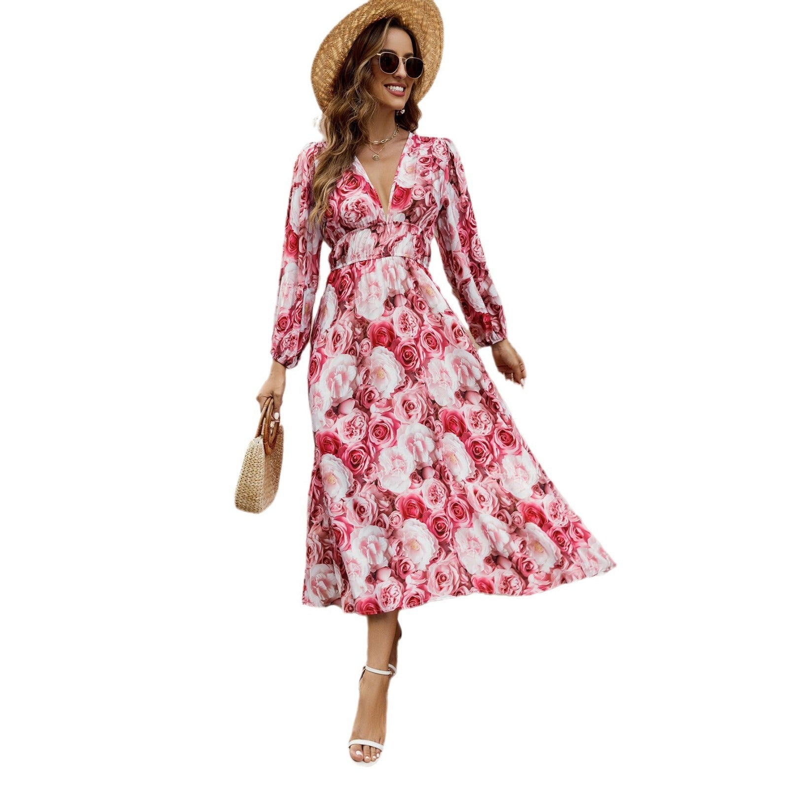 Damen Midi-Kleid mit floralen Mustern R&B