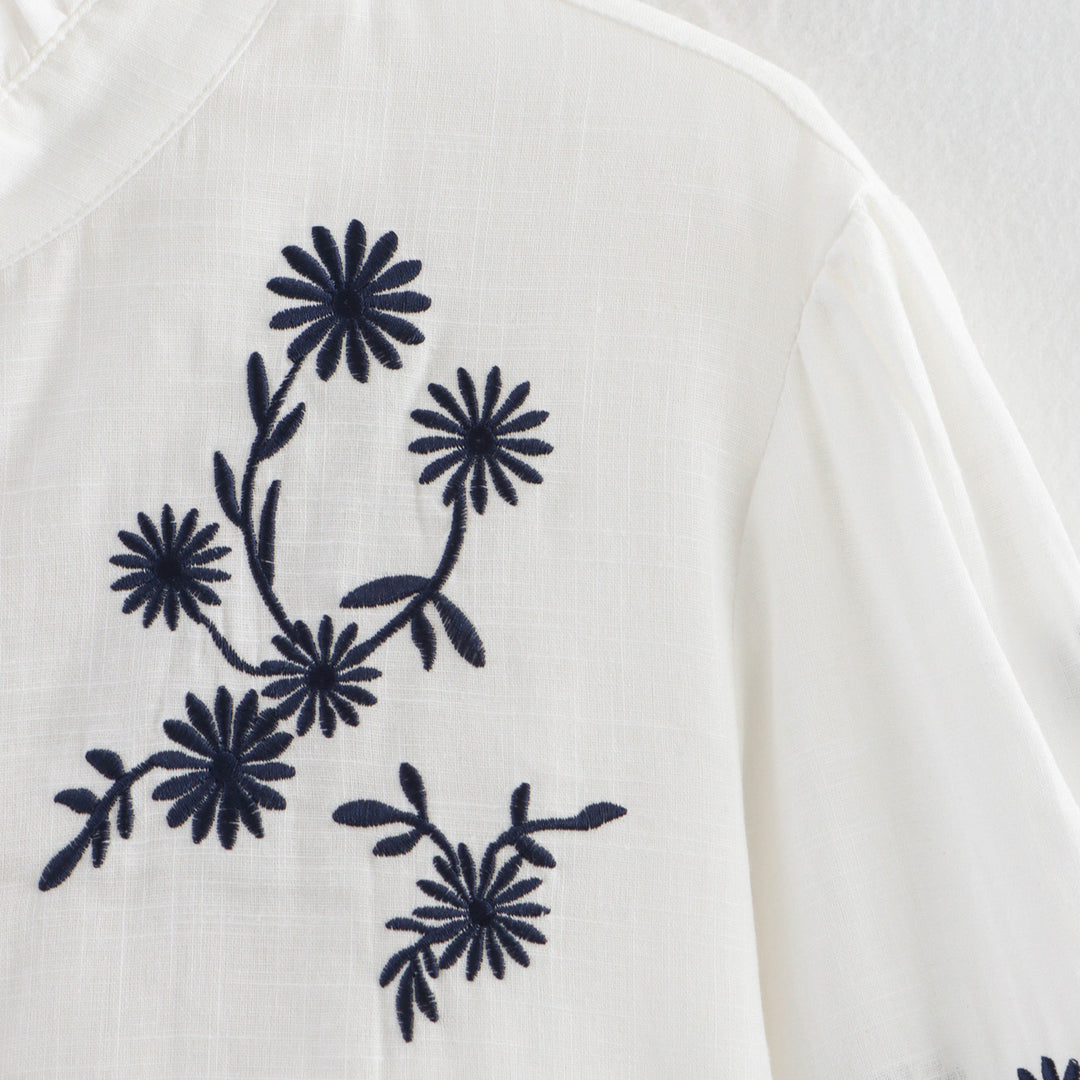 Damen Bestickte Bluse mit Stehkragen und langen Ärmeln R&B