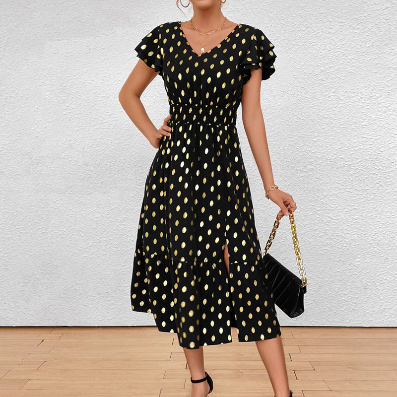 Damen Maxikleid mit Rüschendetails und schimmerndem Punktmuster R&B