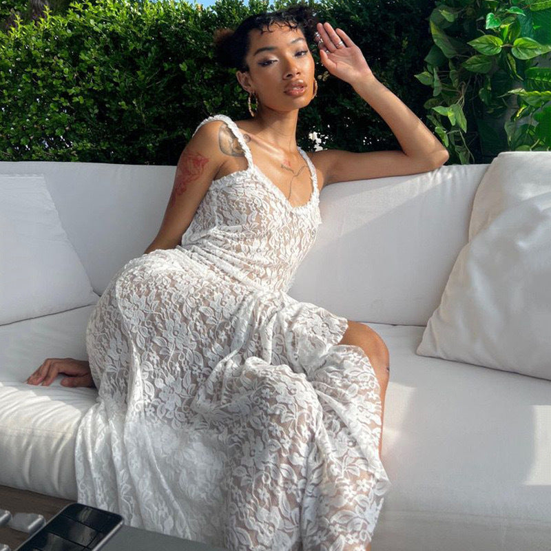 Damen Elegant geschnittenes Maxikleid mit Spitze und tiefem Schlitz R&B