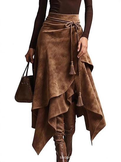 Damen asymmetrischer Wickelrock mit dekorativen Quasten R&B