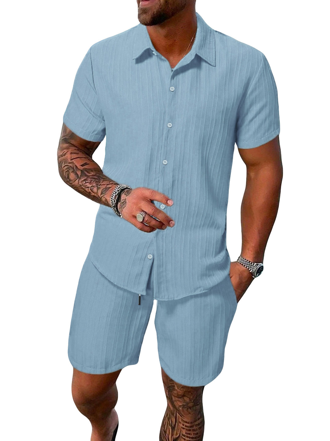 Herren nan luftiges Kurzarm-Hemd mit offenem Revers und passender Freizeishorts aus strukturierter Baumwollmischung R&B