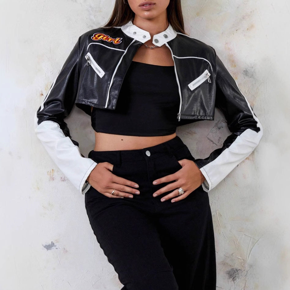 Damen modische cropped Kunstlederjacke R&B