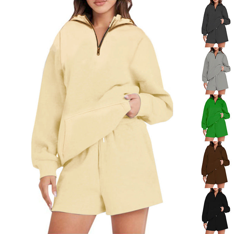 Damen Lässiger Kapuzenpullover mit kurzem Reißverschluss und praktischen Taschen R&B